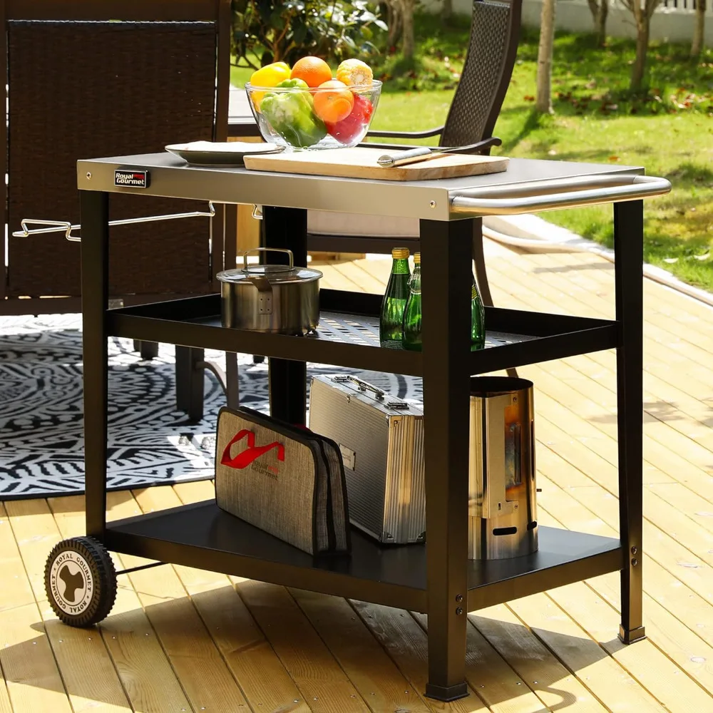 

Rolling Dining Table with Trash Bag Holder, Outdoor Garden Patio BBQ Kitchen Food Prep Cart, Stainless Steel Tabletop