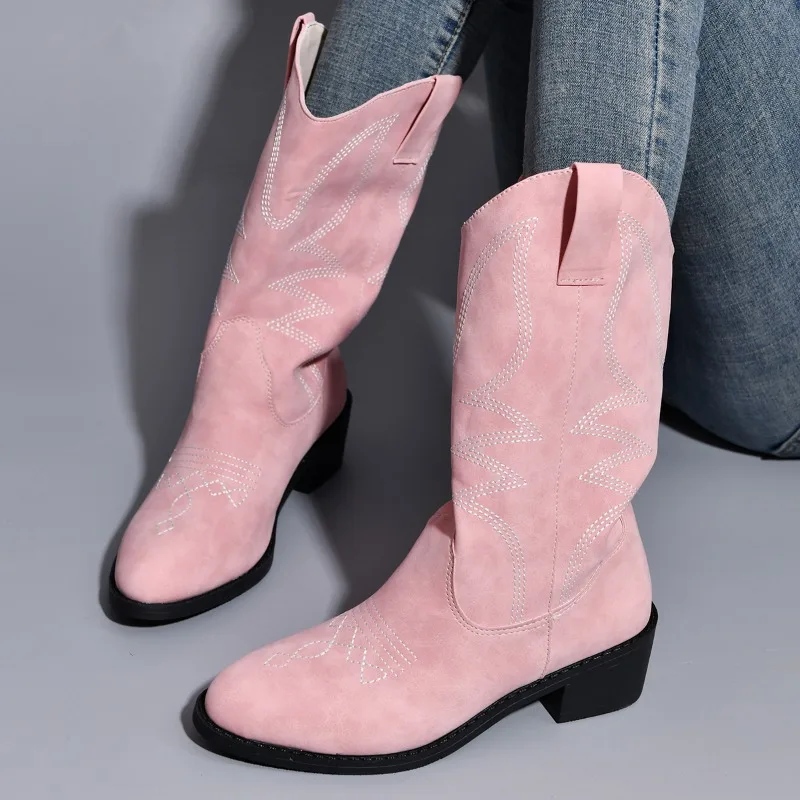 Women\'s Western Boots 2023 Autumn Winter Fashion Chunky Heeled Cowboy Boots Vintage Style Country Western Cowboy Girl Pink Boots