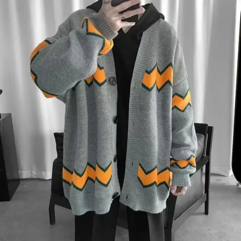 Man Clothes Black Long Knitted Sweaters for Men Korean Fashion Striped Cardigan Overfit Jumpers Thick Winter Japanese Harajuku S