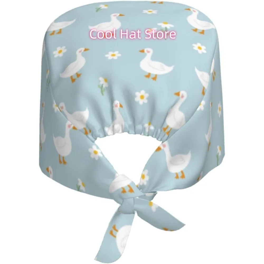 1pc Adjustable Scrub Cap with Sweatband - Lightweight 100% Polyester, Elastic Band &Cartoon white goose and little daisy pattern