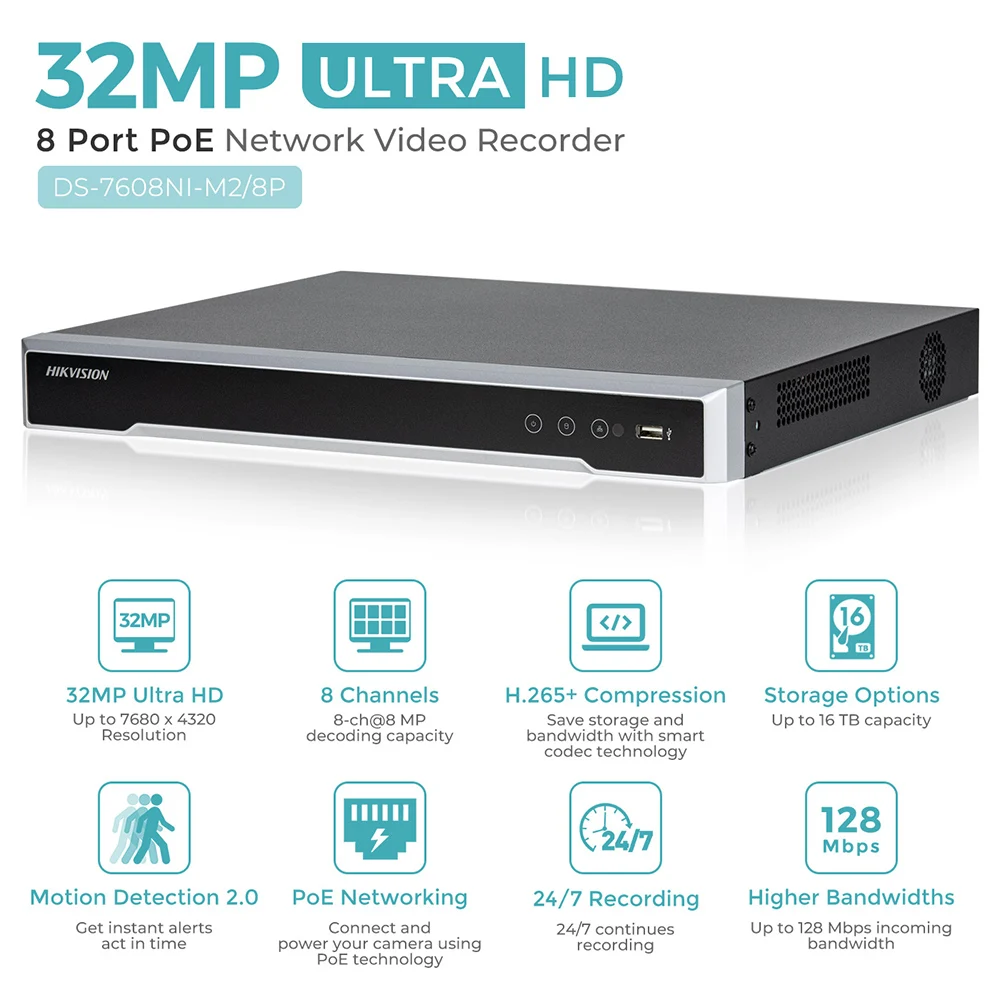 4K 8K Hikvision NVR 8CH 8 PoE Ports 128Mbps Bandwidth Support 2-SATA 16TB IP Speaker H.265+ for Home Business HDMI VGA VCA POS
