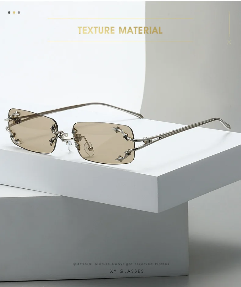Neue Randlose Sonnenbrille für Damen Rechteckig Stylisch Y2K Persönlichkeit Markendesigner UV400 Schutz Coole Metall-Sternenexplosion-Dekoration – Detail 2