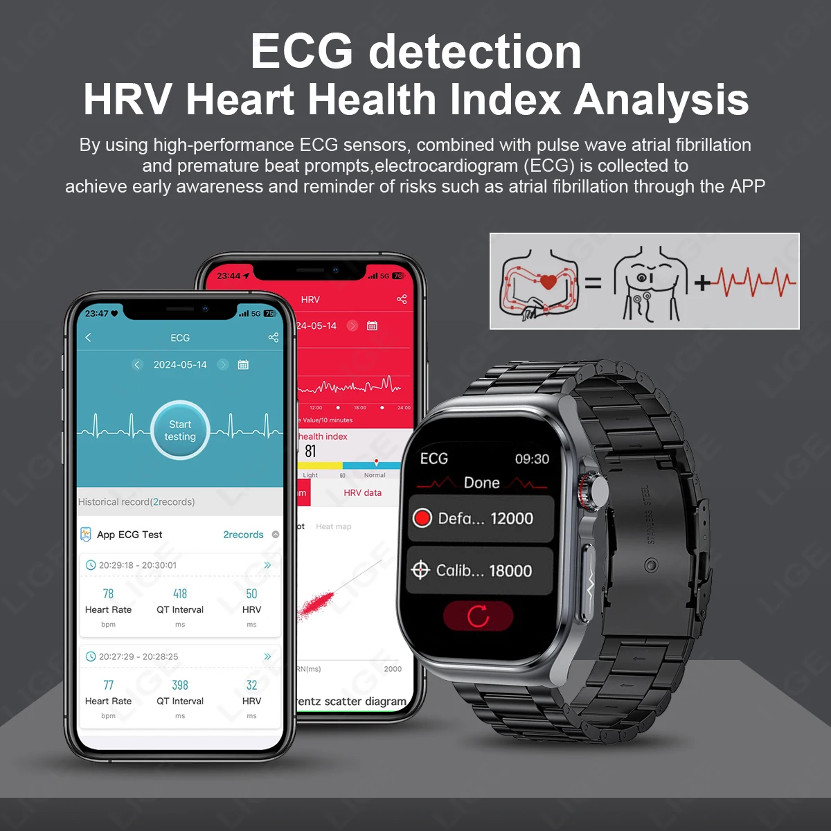 LIGE jam tangan pintar Kesehatan Pria Wanita, jam tangan pintar layar 2.04 inci asam urat darah panggilan Bluetooth NFC ECG + PPG