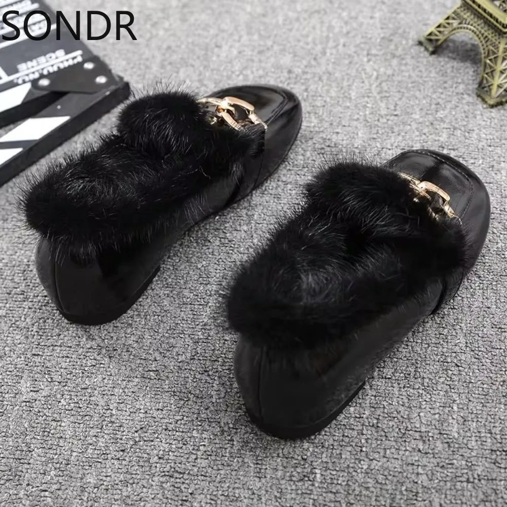 Womens Round Toe Real Mink Fur Loafers Metal Decor Warm Winter Slip on Shoes Low Heel New 2024