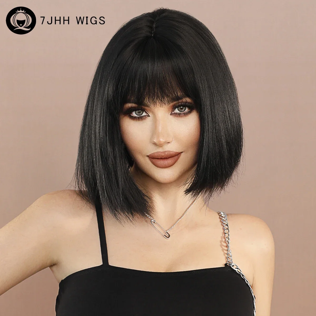 7JHHWIGS Short Straight Dark Brown Bob Wig for Women Daily Party High Density Loose Synthetic Princess Cut Hair Wigs with Bangs