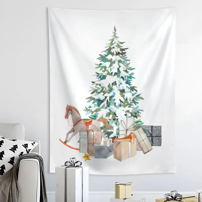 VIKAMA Wall Tapestry Happy Holidays Three Trees Pink Black Green Cute Print Wall Hanging Home Decor Living Room Bedroom Soft
