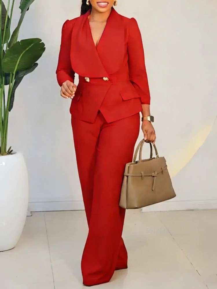 

Женский деловой костюм: пиджак с длинным рукавом и широкими брюками, 2 предмета, для офиса