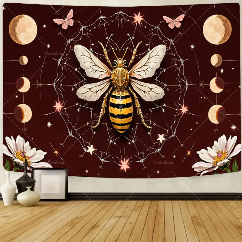 

1pc Wall Tapestry Golden Bee Celestial Tapestry with Moon Phases and Floral Accents