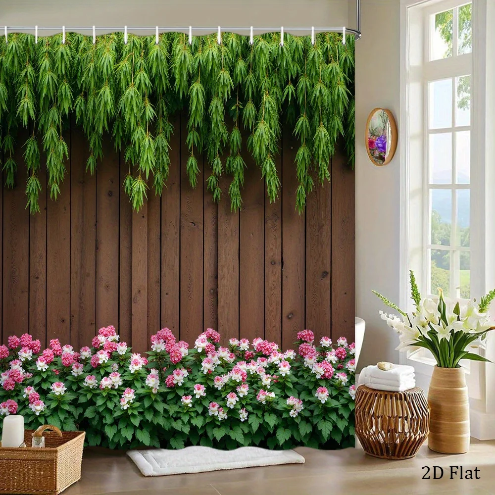 1pc Rustic Wooden Fence Shower Curtain Willow Branches Pink White Flowers Green Garden Landscape Bath Tub Curtain with 12 Hooks
