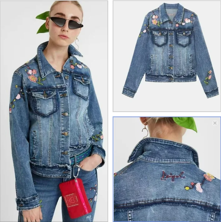 Exported Spanish single washed vintage black short-style denim jacket, white patchwork suit jacket
