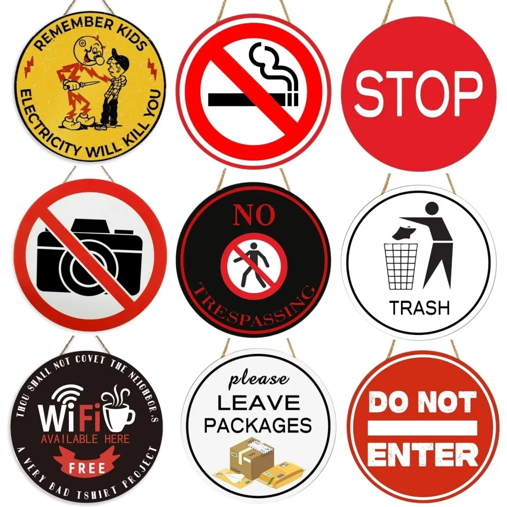 Please leave packages, trash sign, do not enter sign, no smoking sign round wooden, commercial store front restaurant office