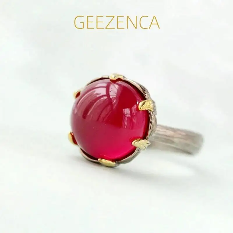 GEEZENCA S925 Silver Two Tone Plated 12mm Round Red Corundum Resizable Ring For Women Minimalism Trendy Rings 2024 New Gift
