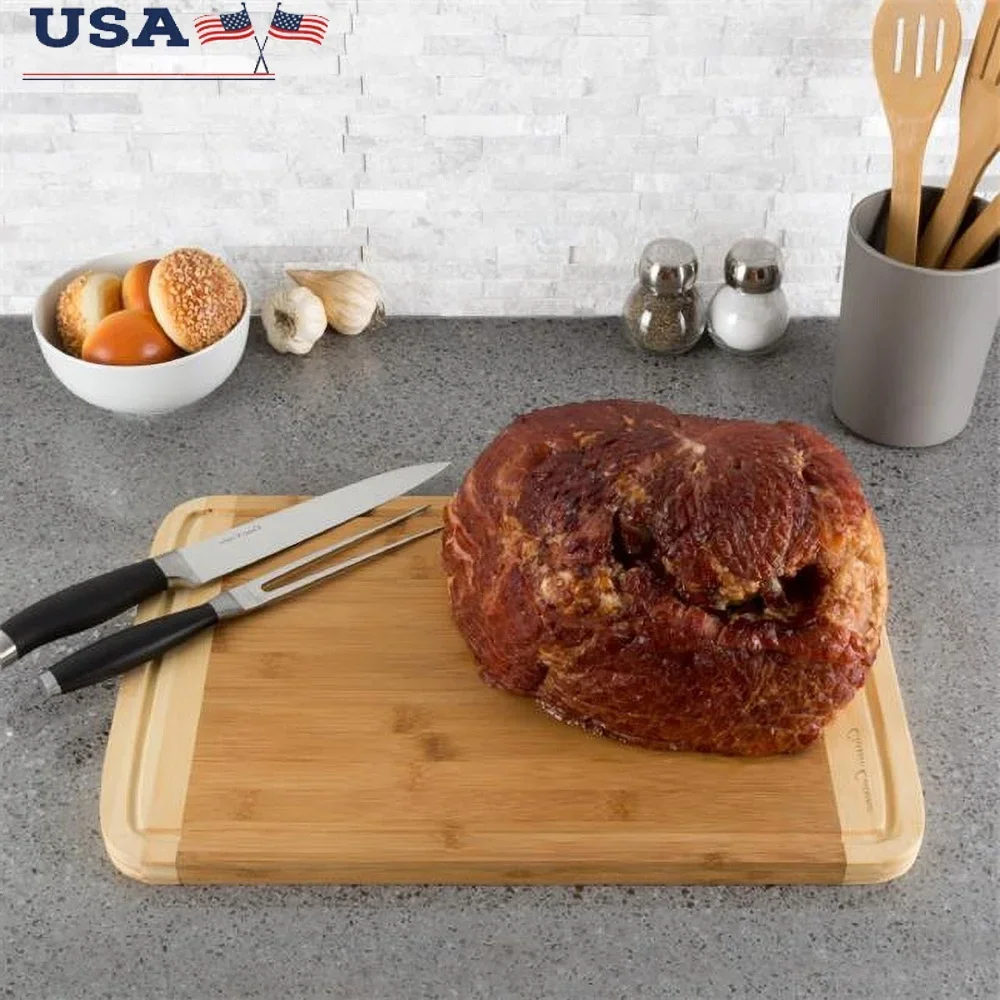 Eco-Friendly Two Tone Bamboo Cutting Board with Juice Groove Extra Thick Kitchen Chopping Serving Board Anti-Microbial Durable