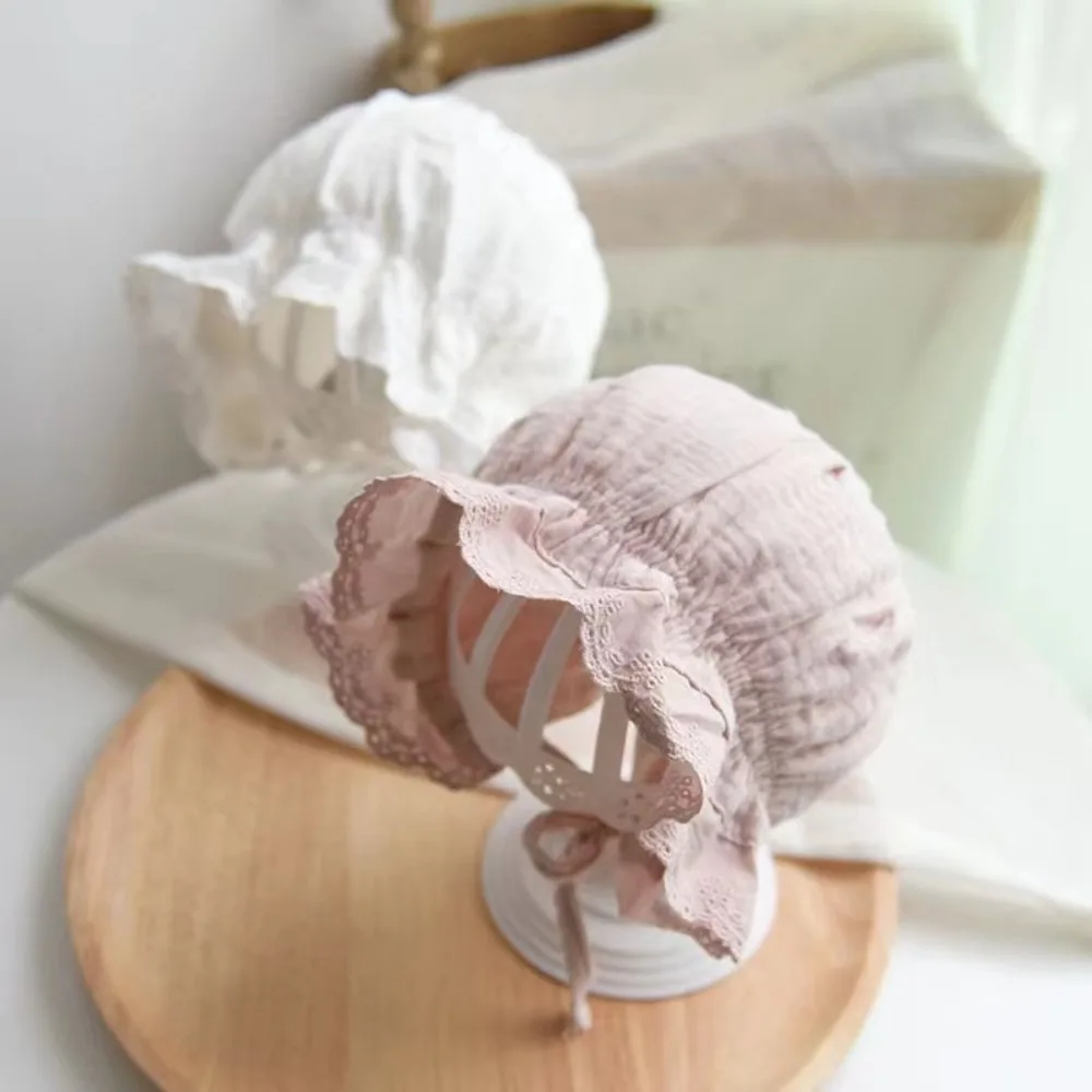 Lace Ruffle Baby Girl Court Hat Soft Cotton Newborn Visors Solid Color Headwear Princess Infant Beanies Bonnet Photo Props Cap