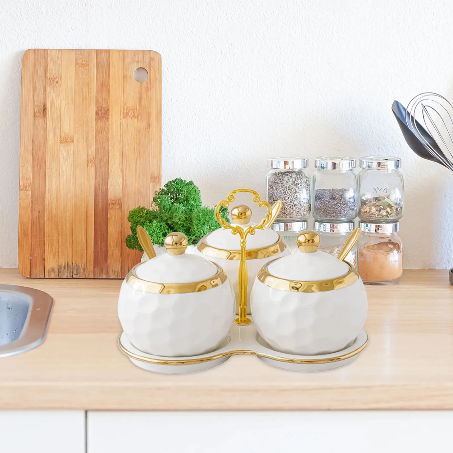 3pcs Ceramic Spice Jars Condiment Jars  Restaurants Sugar Kitchen Counter White Ceramics Spice Jars Set Container Canisters