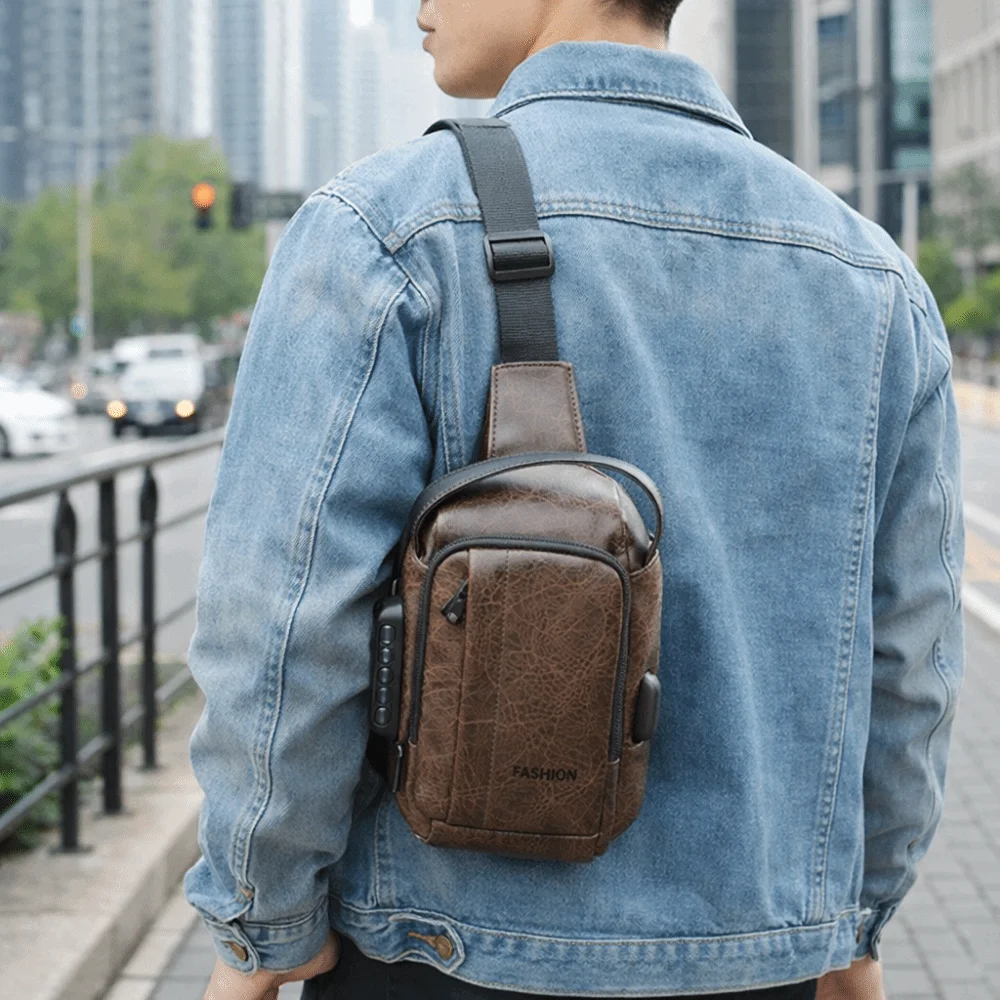 Anti-Theft Men's Chest Bag PU Leather Large Capacity Men's Crossbody Sling Bag Waterproof with USB Charging Single Shoulder Bag