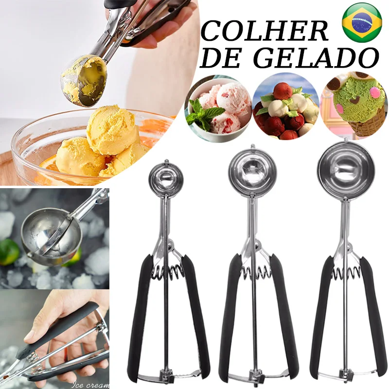 Colher de sorvete de aço inoxidável 3/4/5cm 1 peça multifuncional colher de purê de batata de frutas com alça de mola ferramenta de cozinha VIE LENTE