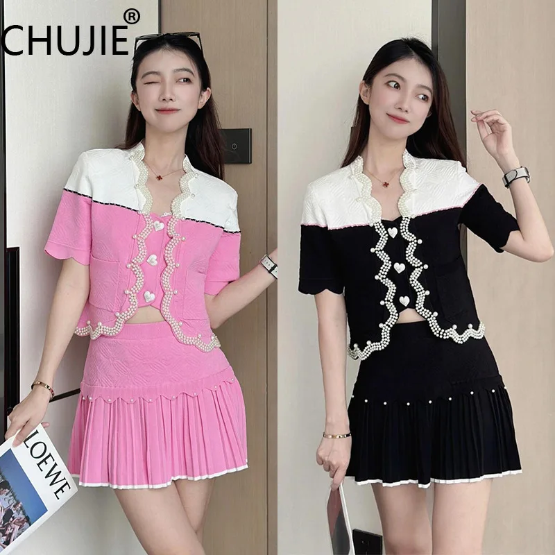 

CHUJIE Лето/Осенний комплект из жаккардового трикотажа 202, топ и юбка на пуговицах с сердечками из бисера, элегантный облегающий комплект из 2 предметов