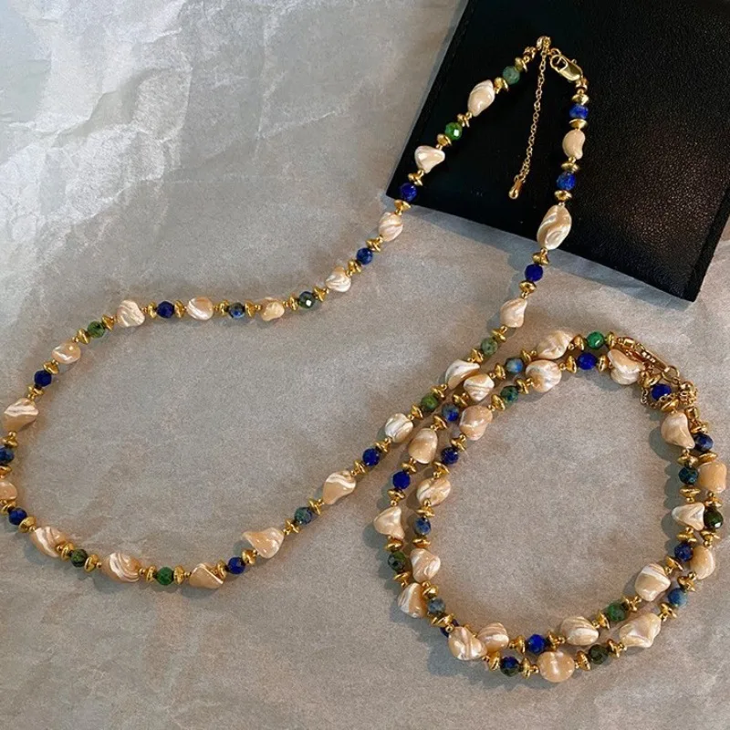 

Minar Unusual Natural Stone Irregular Shell Beads Beaded Necklace for Women 18K Real Gold Plated Copper Chain Strand Chokers