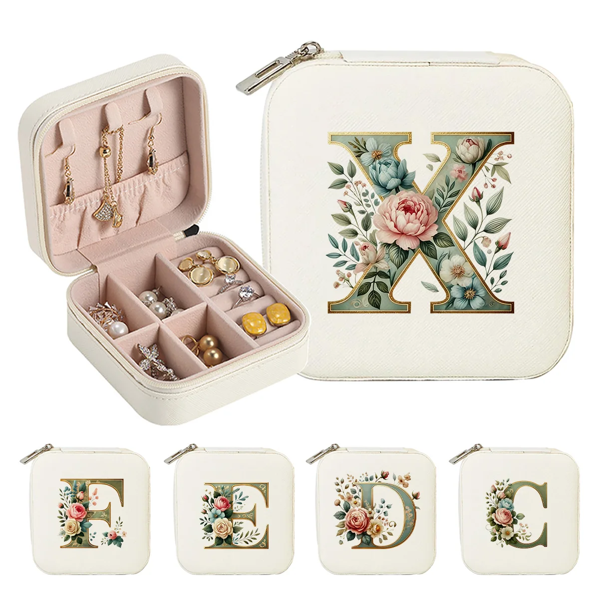 Personalized Floral First Letter Jewelry Box, Mini Portable Travel Storage Box, Ring, Earring, and Necklace Zipper Storage Box