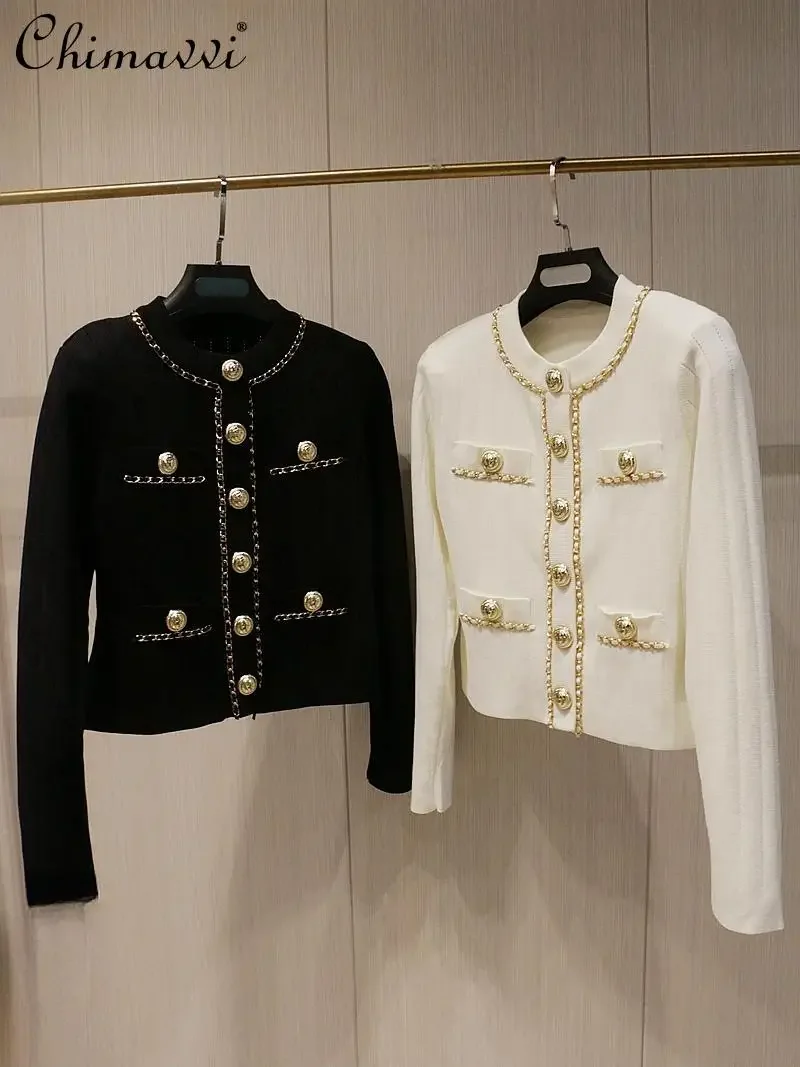 Women's Short Slim-fit Sweater Chain Gold Buckle Jacket Autumn and Winter New Fashion Loose Elegant Women's Knitted Cardigan