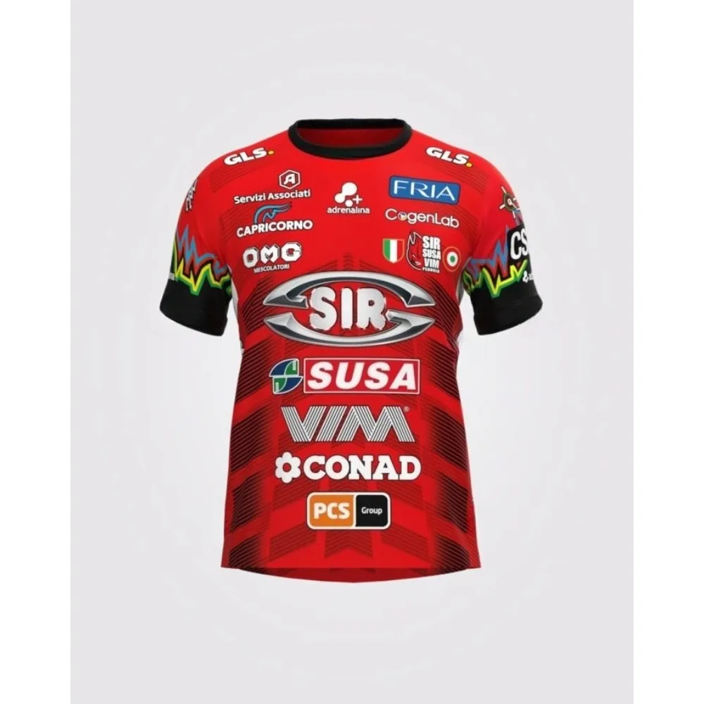 Sir Safety Susa Vim Perugia Jersey – Vermelho com Logotipos de Múltiplas Sponsores Team Branding Camisa Oficial de Voleibol para Supporters de Fãs