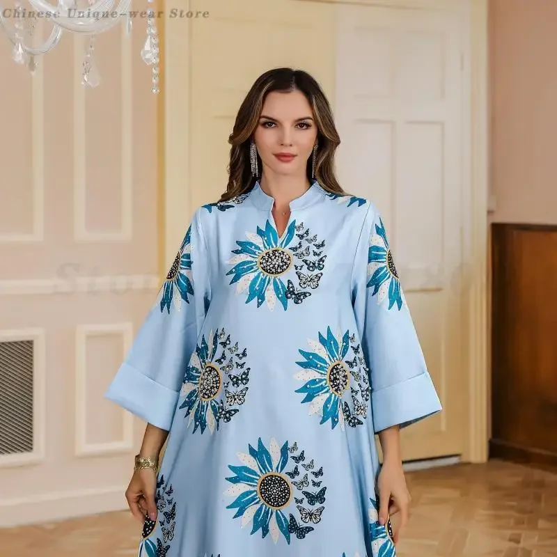 Ramadan Fashion Muslim Printed Dress Middle East Muslim Abayas Long Sleeve Robe for Women Dubai Elegant Loose Kaftans Party Gown