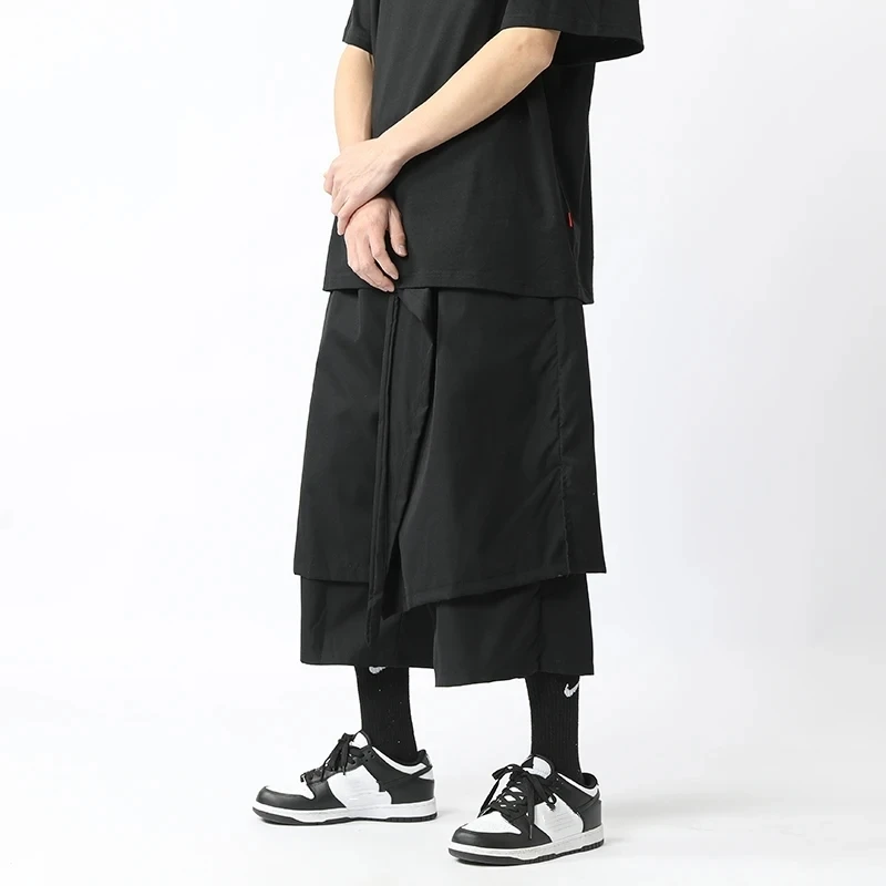 Streetwear Men Harem Pants Chinese Style Jogging Pants Men Black Hanfu Pants 2023 Summer Men Fake Two-Piece Design Casual Pants