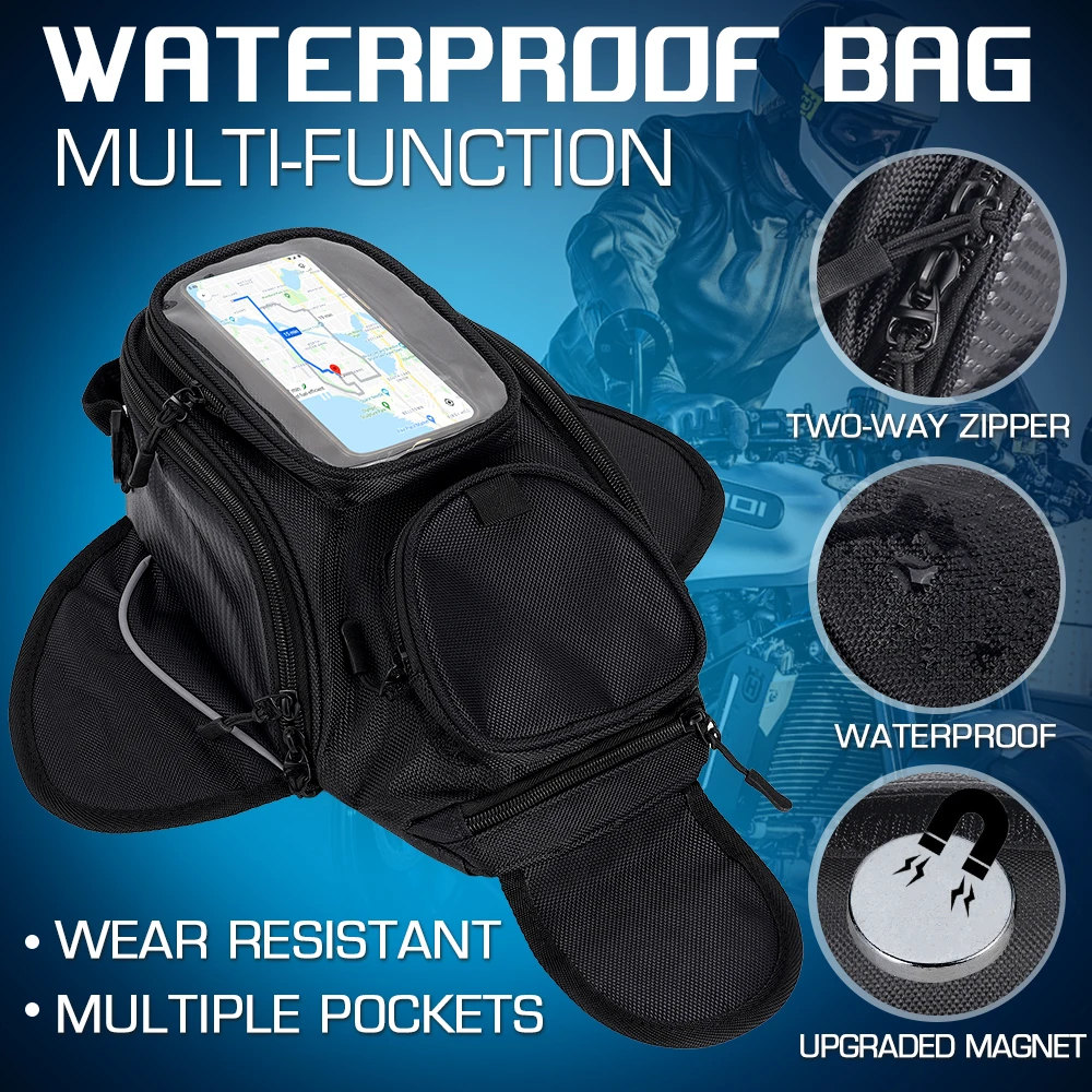 

Multi-Function Motorcycle Fuel Tank Bag with Anti-Drop Straps & Two-Way Zipper, Waterproof Wear Resistant Bag for Commuting