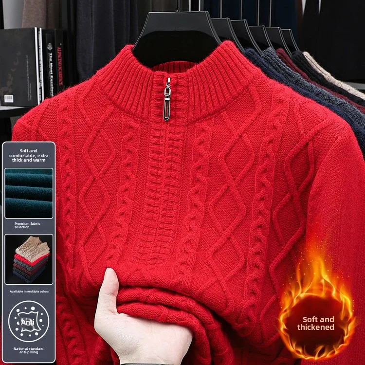

Men's Zipper Knitted Sweater Stand Collar Inner Wear Red Year Bot irt Top Winter Faion Casual Polyester Fiber