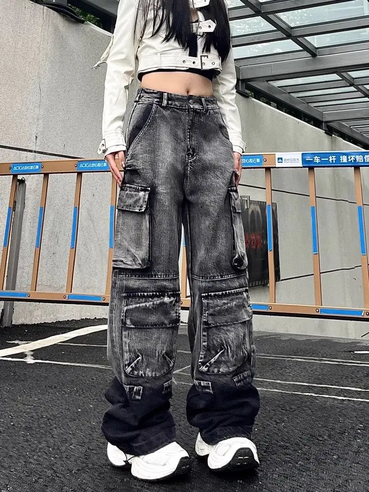 Trashy Y2K 2000S Streetwear Lavato Nero Baggy Cargo Jeans Pantaloni Per Le Donne 90S Abbigliamento Vintage Gamba Larga Hip Hop Lady Pantaloni