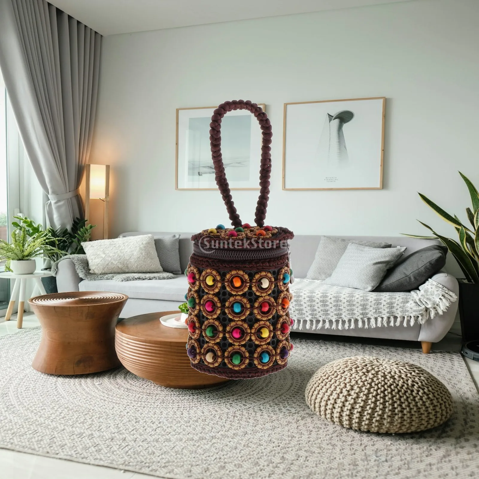 Handmade Bead Woven Cylinder Clutch Women Mini Wristlet Vintage Wood Plastic Bag for Daily Carry