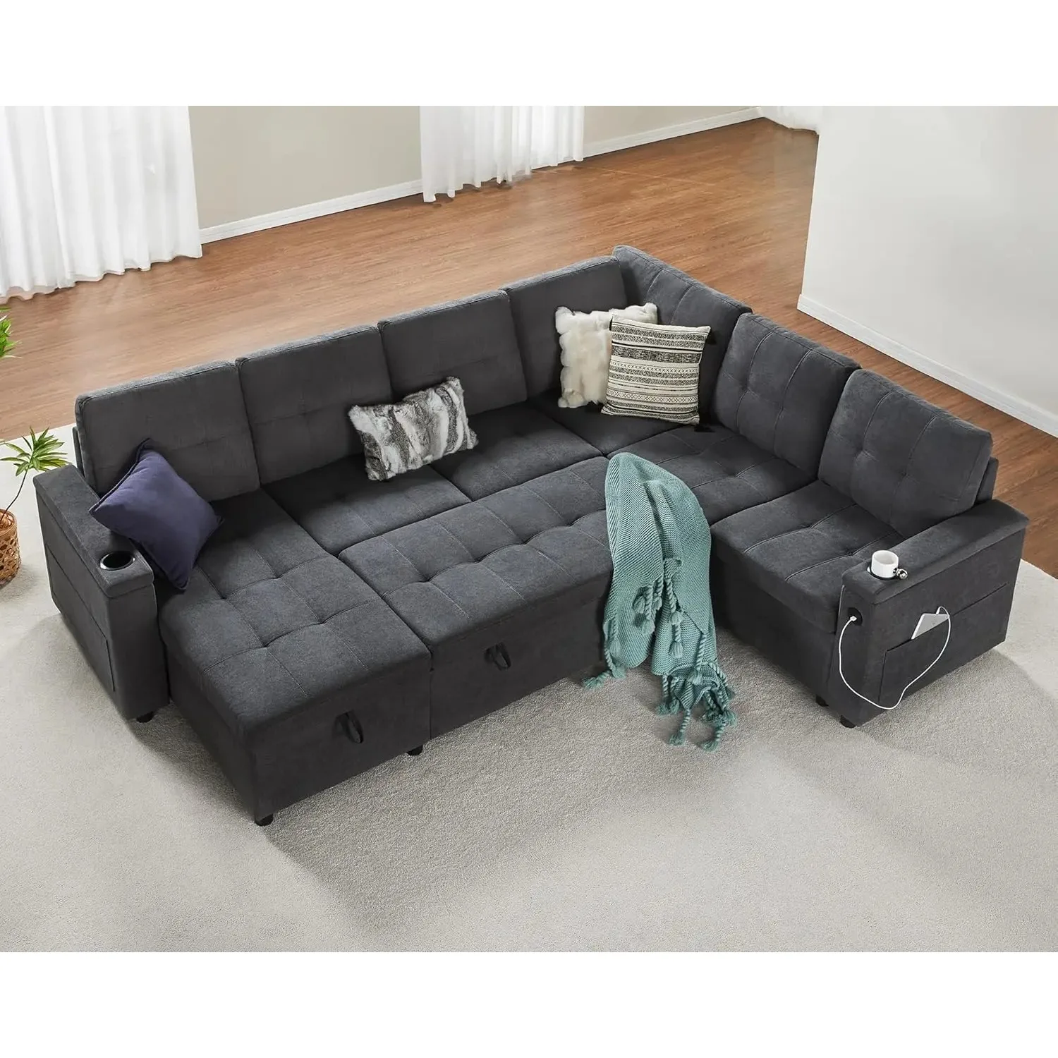 living room sofa Sleeper Multi-Functional Couch Bed 110 inch with USB Charging Ports & Cup Holders sofa Pull Out Sofa Bed 