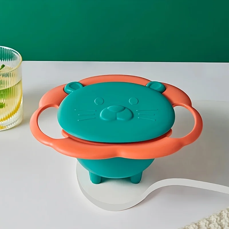 Lion-style Kids Balance Bowl with Lid and Bottom Lock, Double Handle, Rotated and Not Easy to Tip Over, Fun Baby Feeding Gift view 4