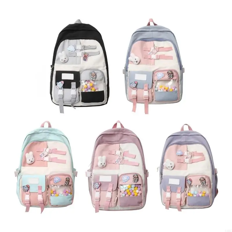 

63HC Korean Harajuku Colorful Nylon Backpack with Clear Pocket Large School Book Bag