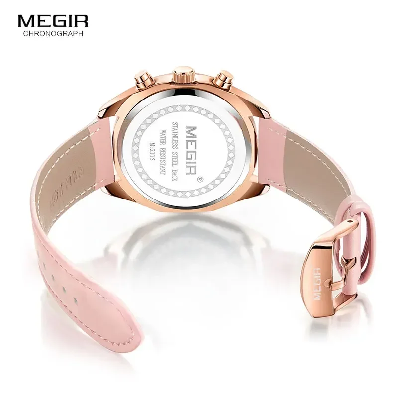 Megir dames lederen quartz horloges chronograaf klok 24-uurs waterdicht polshorloge voor dame meisje relogios femininos 2115 roze