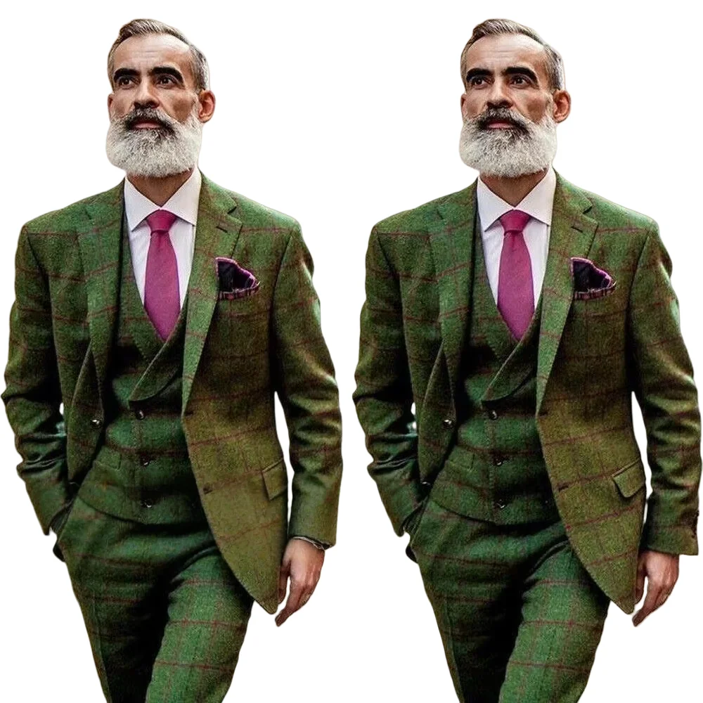 

Men's plaid three piece split collared tailcoat (jacket+vest+pants) slim fit wedding business ball set