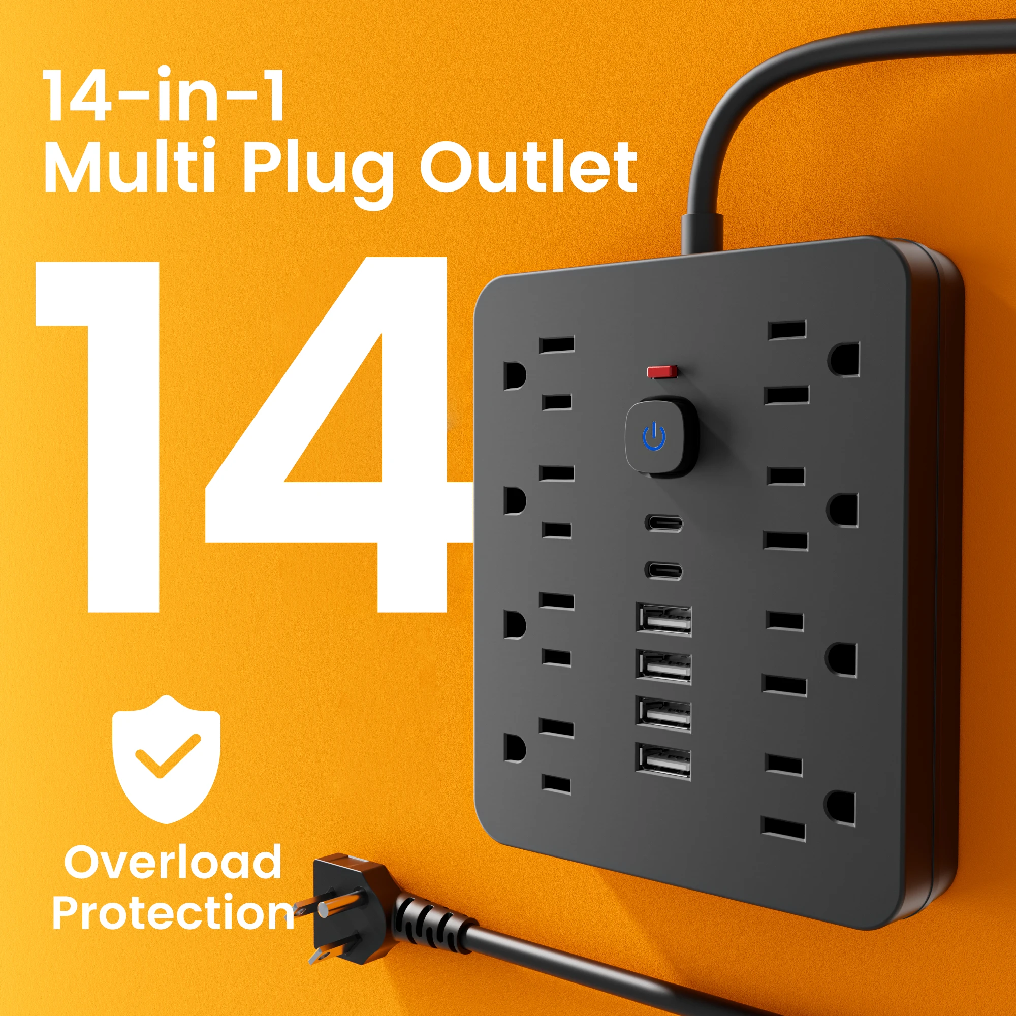 14-in-1 Power Strip Switch Surge protector Prection multifunctional socket electric flat plug with USB Type-C charger oulets
