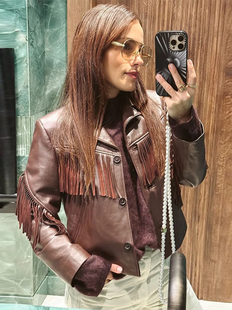 

Elegant Women Tassels Patchwork Wine Red Leather Jacket Fashion Lapel Single Breasted Coats Fall Lady Commuting Cropped Outwears