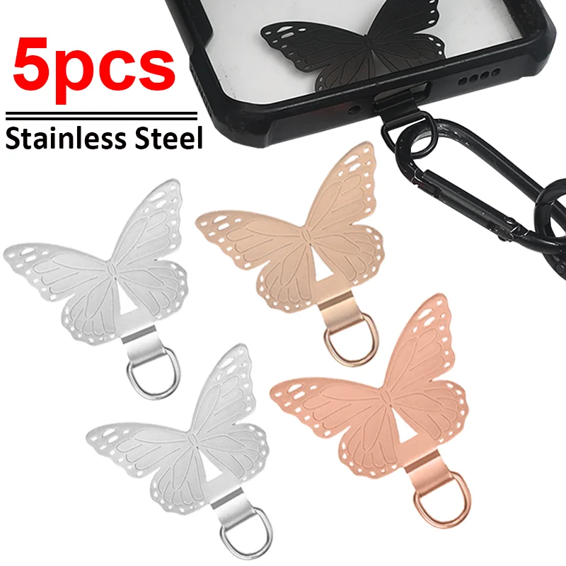 5/1PCS Butterfly Shape Stainless Steel Phone Tether Patch Gasket Ultra-thin Cellphone Tether Tabs Lanyard Safety Connect Piece