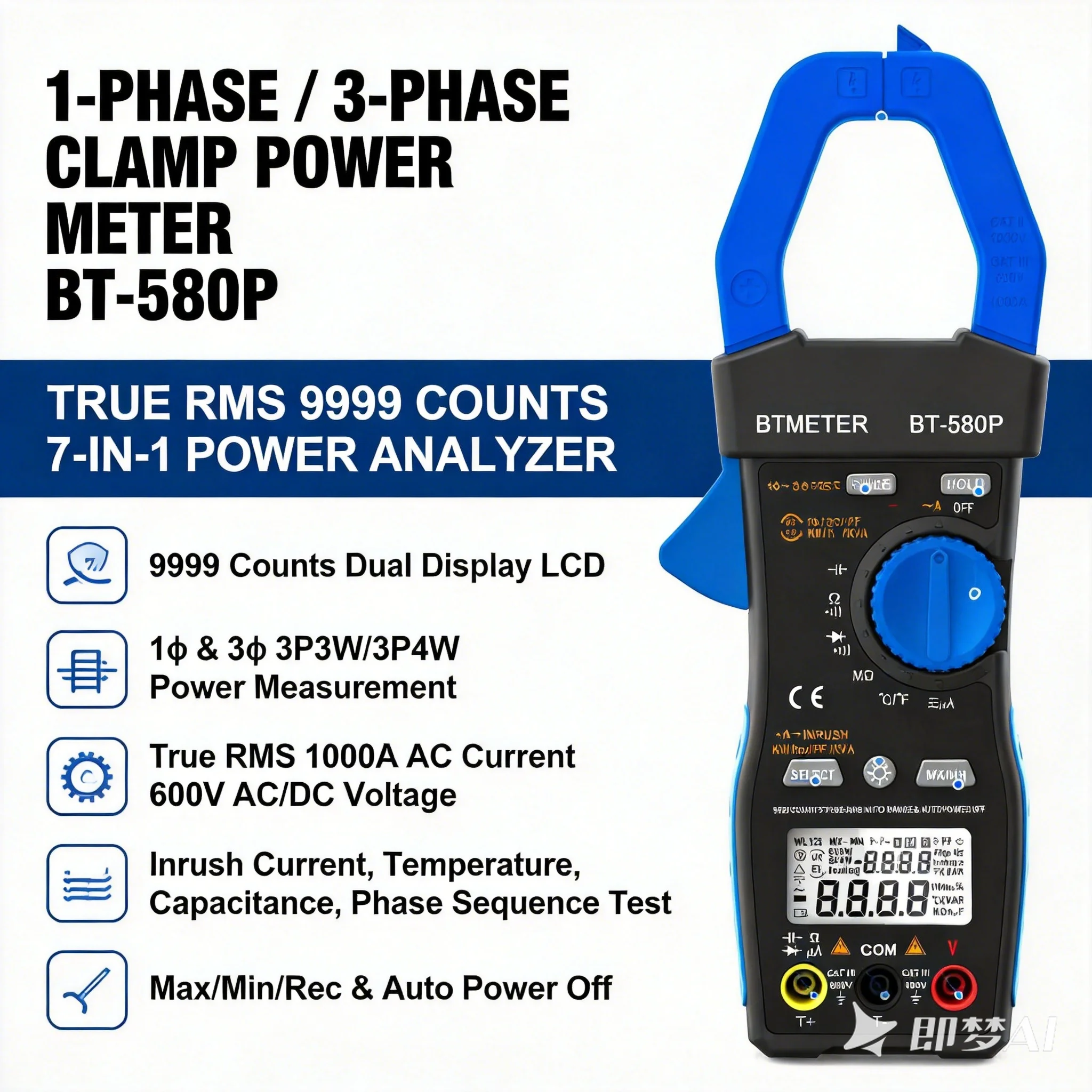 3-Phase Clamp Power Meter True RMS 1000A with KW KVA HP PF Inrush Phase Sequence for Motor HVAC Electrical Analyzer Holdpeak