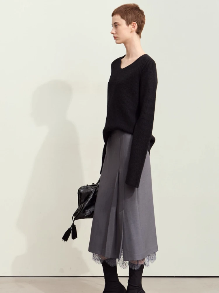 Amii Minimalism Skirts for Woman 2025 Autumn New Elegant Patchwork Lace Women's Clothing Retro Lady A-Line Pleated Skirt12443013