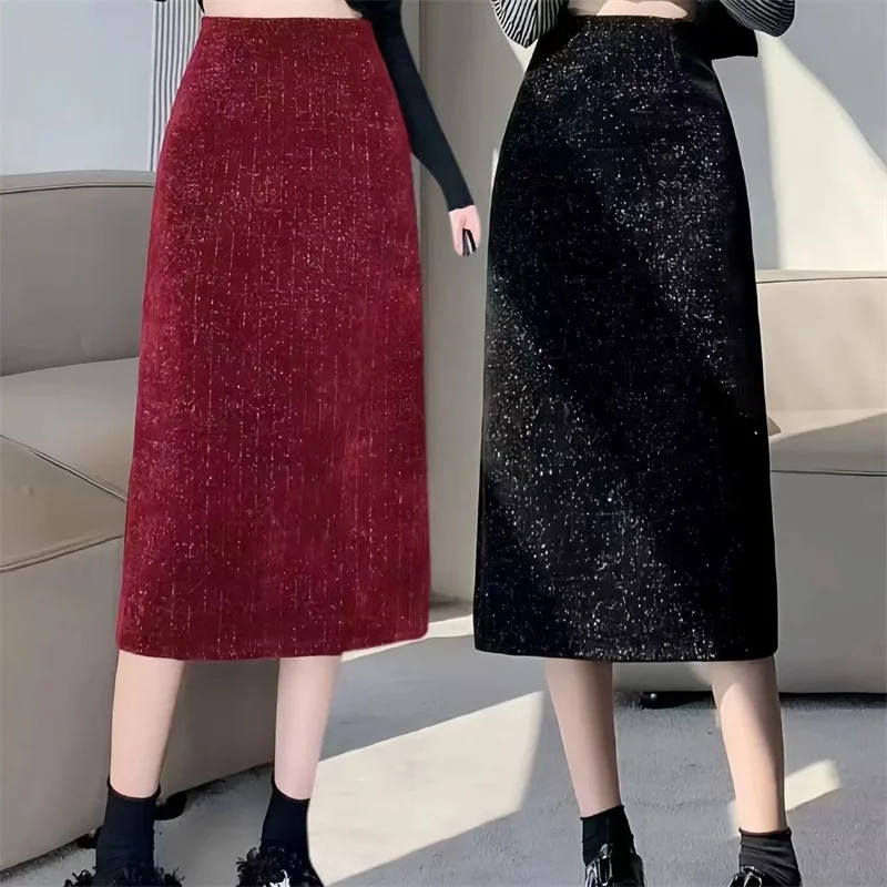 

Red Shiny silk Korean version High waisted Stretch A-line Skirt for women Spring Autumn Black Slim Split style one-step Skirts