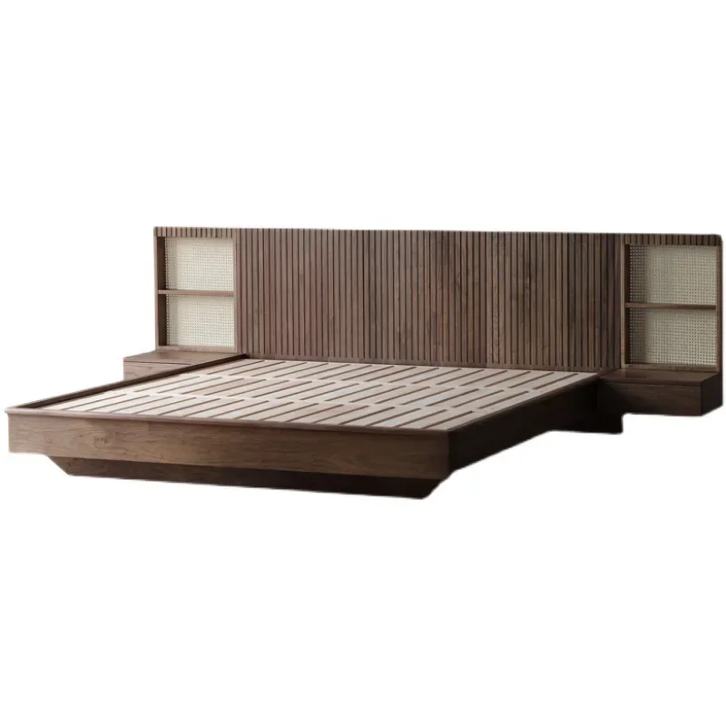 

Nordic all solid wood box bed, black walnut rattan retro, double bed, air pressure storage bed