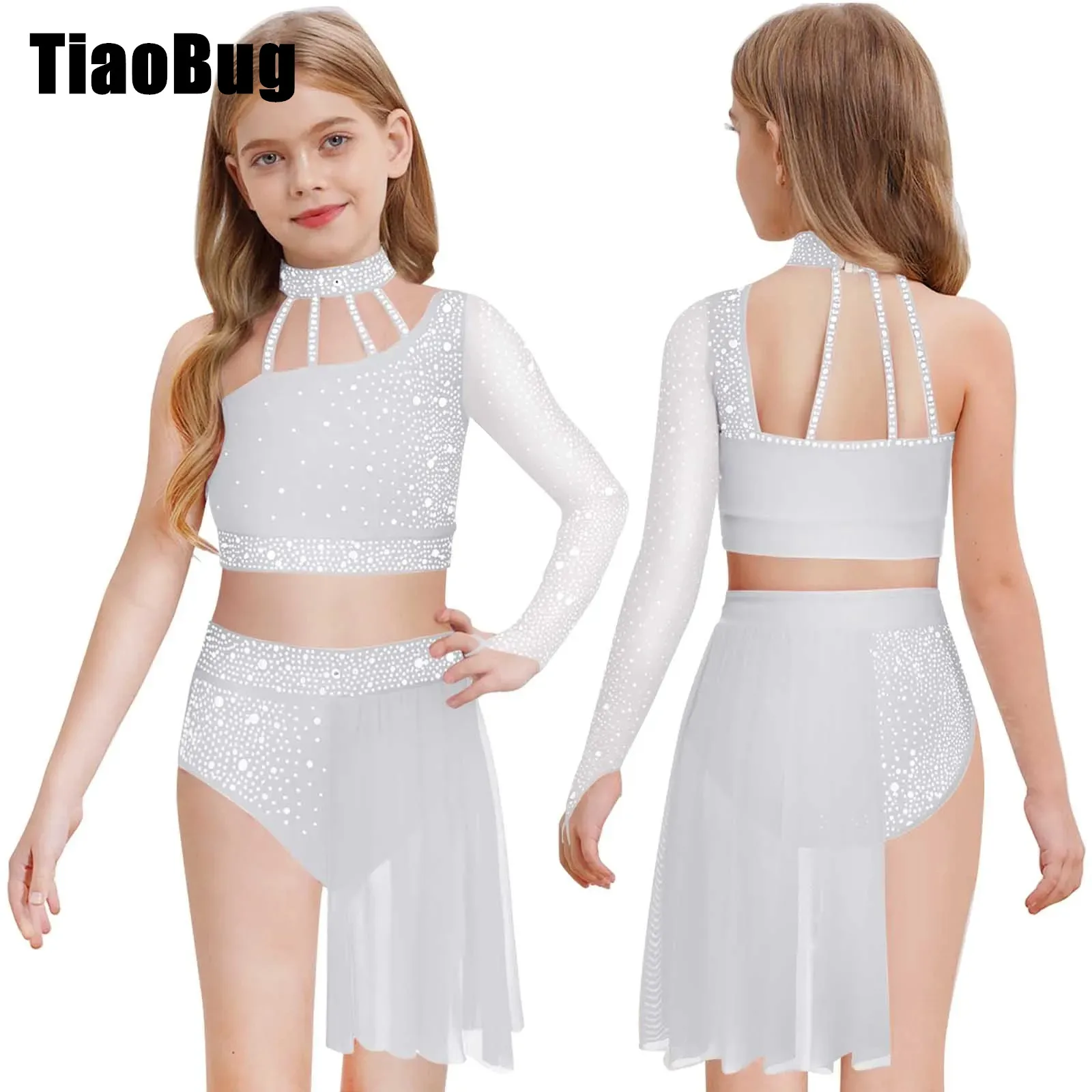 

Kids Girls Modern Ballet Dance Outfit One Shoulder Sheer Mesh Long Sleeve Shiny Rhinestone Crop Top with Irregular Skirt