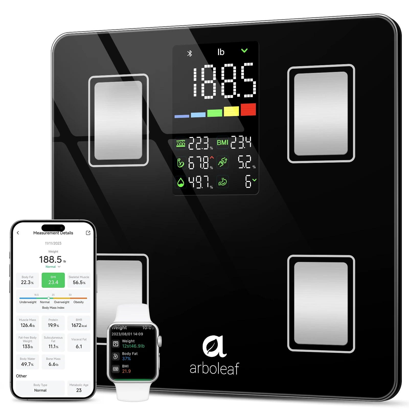 Arboleaf Smart Body Fat Scale 500lb, Digital Bathroom Weight Scale with 14 Body Metrics, 5.3' LED Display, APP Sync, 11.8' Large Platform