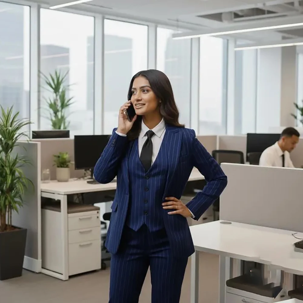 

High Quality Women's Suits Navy Blue Stripe Slim Fit 3 Piece Jacket Pants Vest Full Sets Formal Business Office Lady Clothing