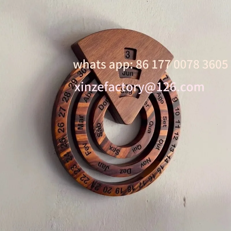 تقويم دائم خشبي قابل للتخصيص، تقويم جداري دوار دائري، زخرفة مصنوعة من خشب الزيزفون