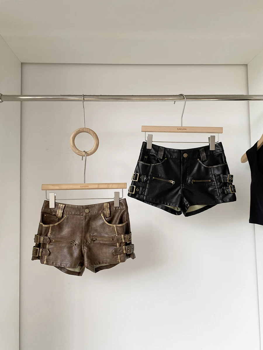 2025年夏新作 アメリカンスタイル レトロ ローウエスト PUレザー ショートパンツ レディース デザイン スリムフィット お尻カバー ホットパンツ トレンド