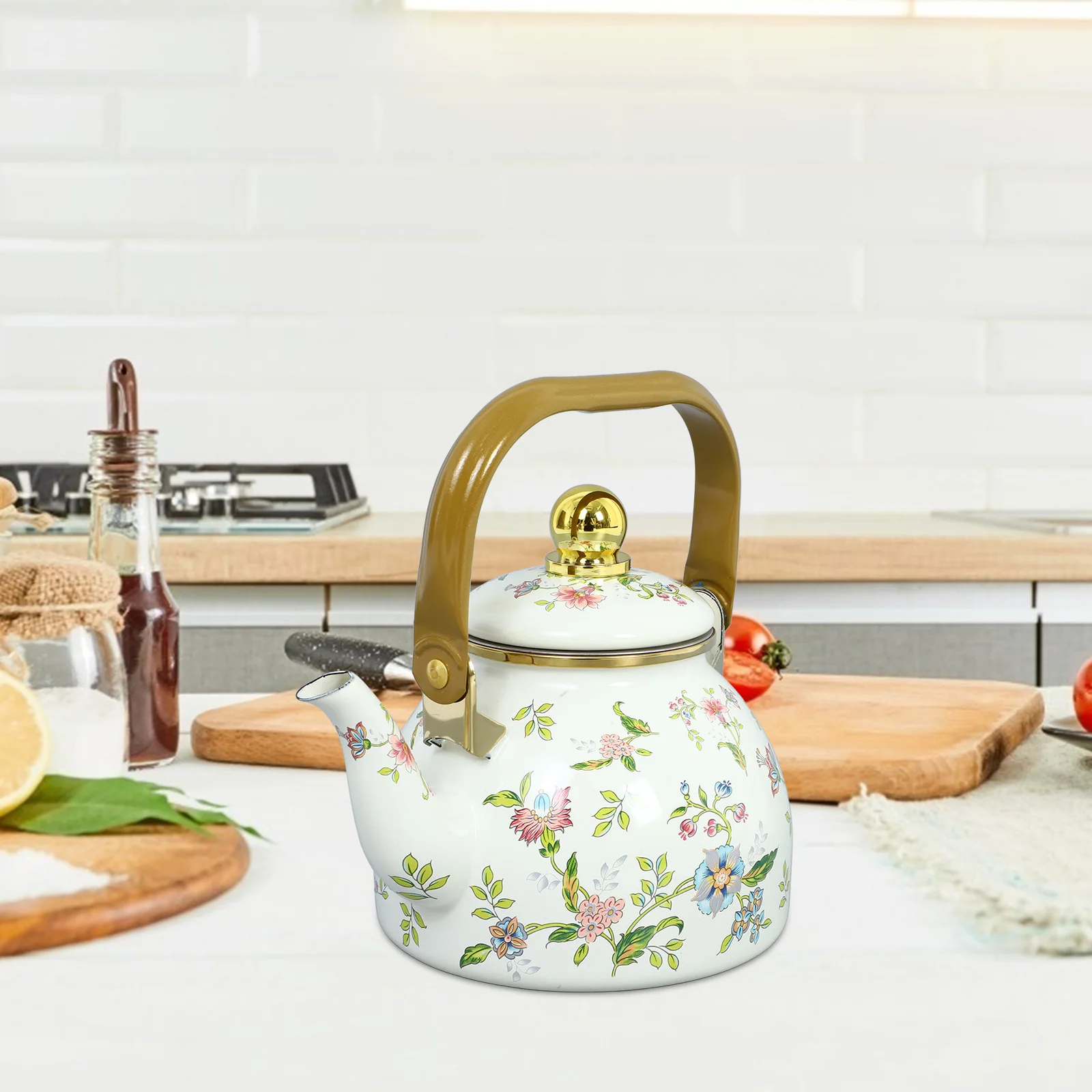 

Enamel Teapot Kettle Stovetop Use Water Camping Pots Green Oil Can 1L Capacity Flower Pattern Vintage Kitchen Bar